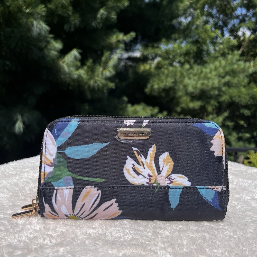 Travelon RFID Double Zip Floral Wallet Organizer Clutch Navy Blue Travel Bag